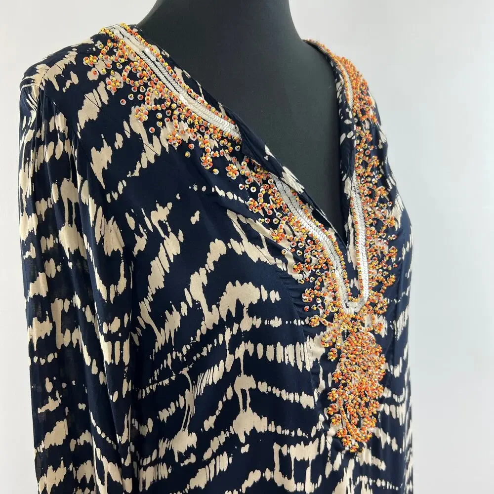 Soft Surroundings Navy Tan Split Embellished V-Neck Akira Tunic Size M ?